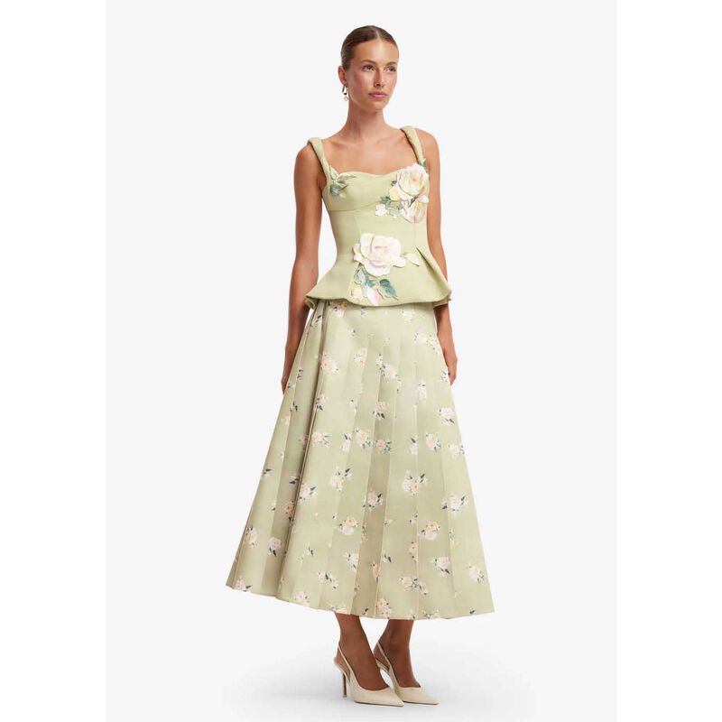 LEO LIN June Pleated Maxi Skirt - Pistachio Rose Print image number 3
